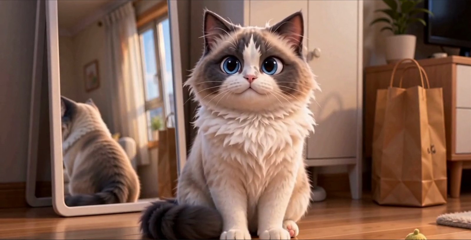 宠物猫：布偶猫坐在出租屋地板上