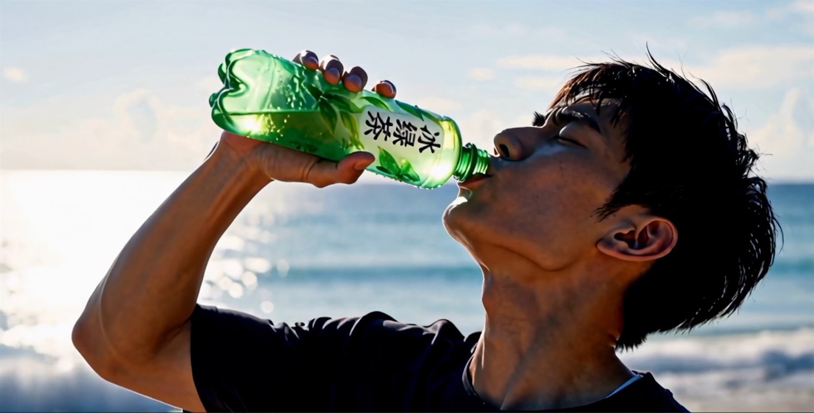 冰绿茶广告：海边仰头饮下